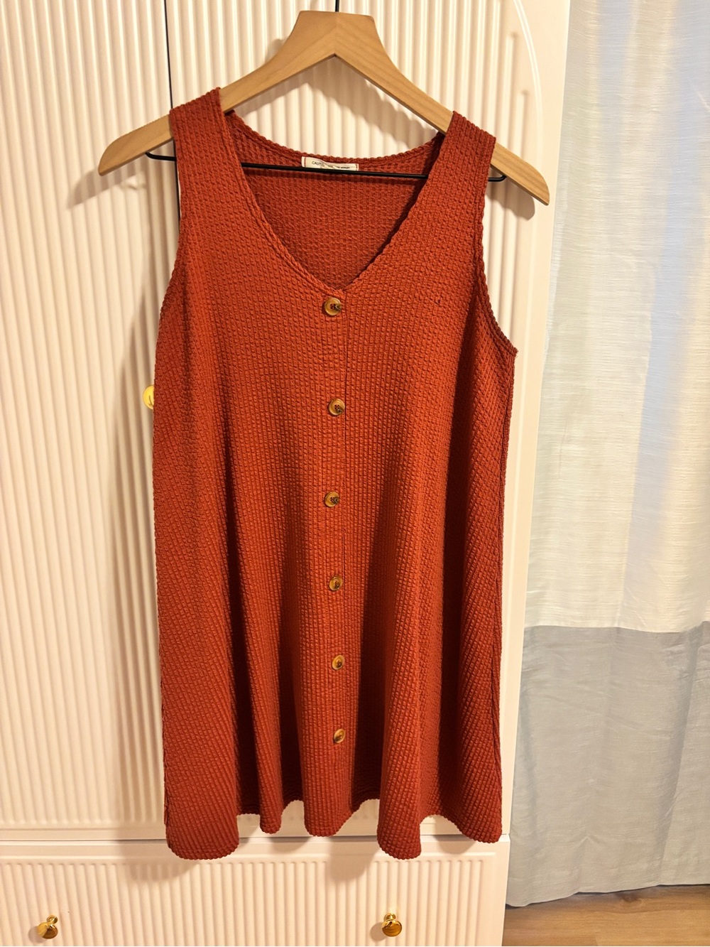 Textured Button-Front Sleeveless Dress in Rust